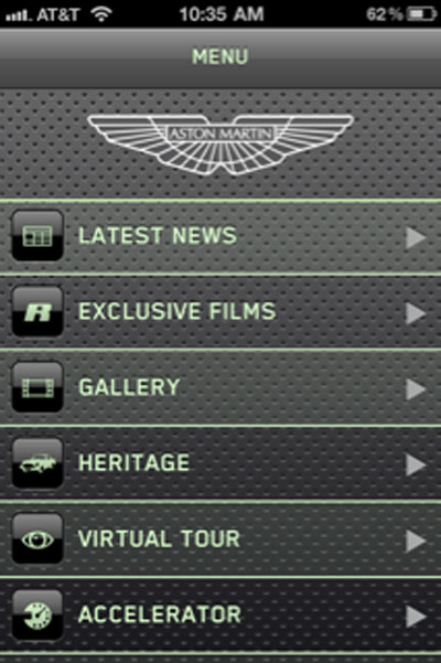 Aston Martin iPhone application menu 