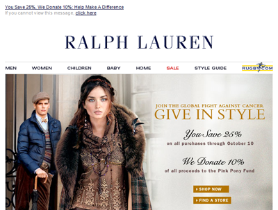 Ralph Lauren's email to customers about the breast cancer discount