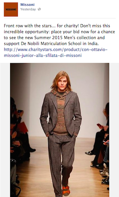 Missoni charity auction Facebook