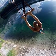 GoPro image of man ropeswinging in Bavaria