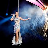 Katy Perry wearing a Moschino gown for her Super Bowl performance