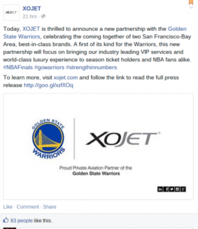 XOJet celebrating partnership with Golden State Warriors
