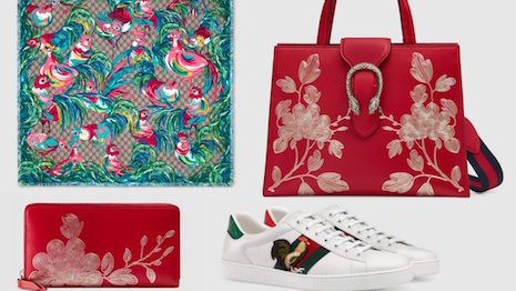 Gucci released a collection of several items for Chinese New Year, including a handbag, scarf, wallet, and sneakers