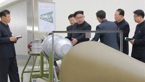 North Korean leader Kim Jong Un inspecting a bomb. The country Sunday, Sept. 3 detonated a nuclear device which it claimed was a hydrogen bomb. The underground explosion caused a 6.3 earthquake on the Richter scale in North Korea and in parts of neighboring China. Image source: North Korea Times 
