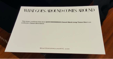 More in the letter than the spirit: What Goes Around Comes Around "Letter of Authenticity" for Chanel vintage product. Image credit: What Goes Around Comes Around