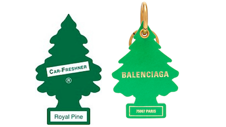 Pining for rights: Car-Freshner's $3 car freshener to the left and Balenciaga's $275 key chain to the right. Image credit: Springut Law