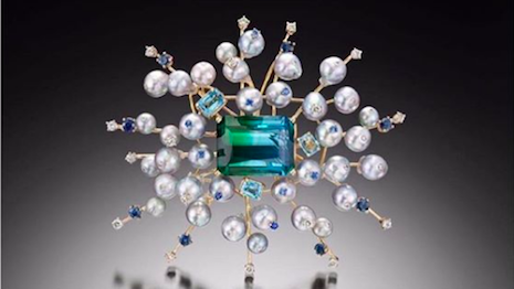 Akoya pearl and gemstone brooch from Russell Trusso Fine Jewelry. Image credit: Cultured Pearl Association of America