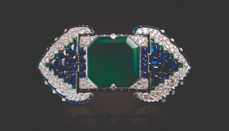 An Art Deco emerald, sapphire and diamond belt-buckle brooch by Cartier fetched $1.545 million (estimate $500,000 to $700,000) in Christie's Maharajas & Mughal Magnificence auction held in New York June 19. Image credit: Christie's