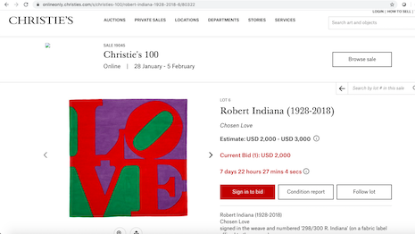Robert Indiana's "Chosen Love" artwork on fabric is up for auction at Christie's 100, an online-only bidding process. Image credit: Christie's