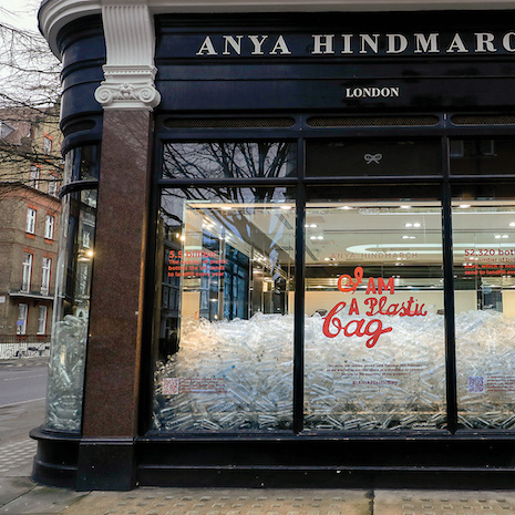 Anya Hindmarch closed its London stores Feb. 15-18 and filled them with used plastic bottles to showcase the problem of plastic going into landfill. It took 90,000 plastic bottles to fill the stores, which is how many plastic bottles go to U.K. landfills every 8.5 minutes. Image credit: Anya Hindmarch