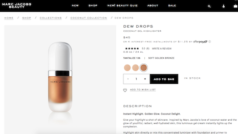 Marc Jacobs Beauty product page for its Dew Drops coconut gel highlighter, $45, or four interest-free installments of $11.25 by Afterpay. Image credit: Marc Jacobs Beauty