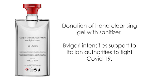 Bulgari has diverted production from its partner's fragrance-making factory in Italy to manufacturing hand-sanitizing gels for Italian hospitals and research institutes battling the spread of the COVID-19 coronavirus. Image credit: Bulgari