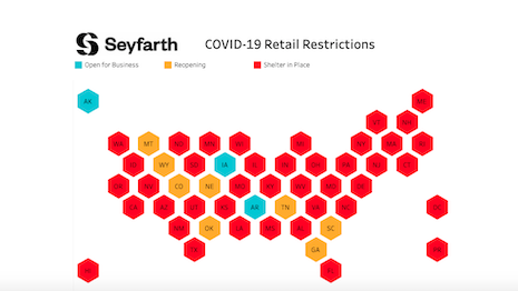COVID-19 retail restrictions by U.S. state. Blue: Open for business. Yellow: Reopening; Red: Shelter in place. Source: Seyfarth, National Retail Federation