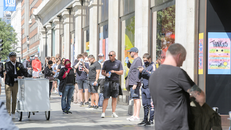 Queue forming June 15 outside Selfridges' flagship store on Oxford Street in London as the store reopened. Image courtesy of Selfridges. Photo copyright: Matt Writtle