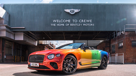 Bentley has painted its Continental GT V8 convertible car in bespoke rainbow colors to support pride in diversity, hope and gratitude as business returns to normalcy, and local community. Image courtesy of Bentley Motors