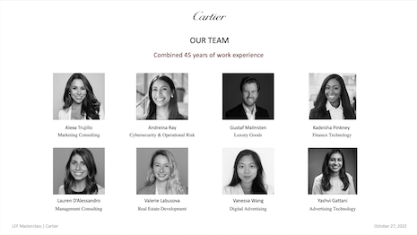 The eight Columbia Business School MBA students taking the Luxury Education Foundation master class who presented a Cartier case study to improve in-store and digital client experiences. Image credit: Luxury Education Foundation