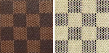 Louis Vuitton's brown Damier pattern alongside the more recent cream-and-blue Azur design. Image credit: Louis Vuitton 