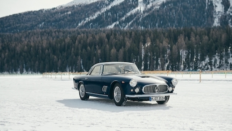 Lake St. Moritz in winter provides a unique new venue for brands and collectors to show off their models. Image credit: Maserati