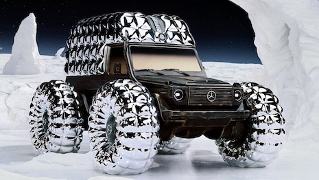 The partnership's resulting release, a Mercedes G-Class, applies Moncler's puffer motif to a car classic. Image credit: Mercedes-Benz