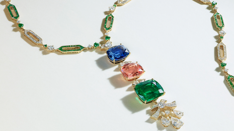 The Bulgari necklace of sapphire, colored sapphire, emerald and diamond necklace is to be included in the first auction in Geneva. Image credit: Christie's