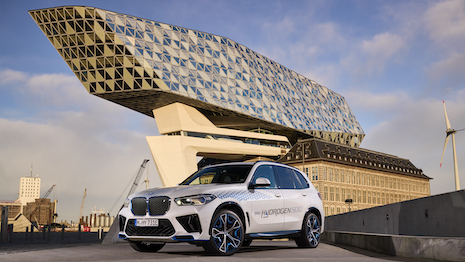 BMW's new BMW iX5 Hydrogen, shot on location in Antwerp. Image credit: BMW