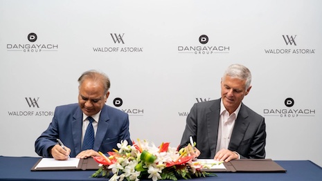Hari Mohan Dangayach chairman of Dangayach Group and Chris Nassetta, president and CEO of Hilton are pictured at the Waldorf Astoria Jaipur signing. Image credit: Hilton