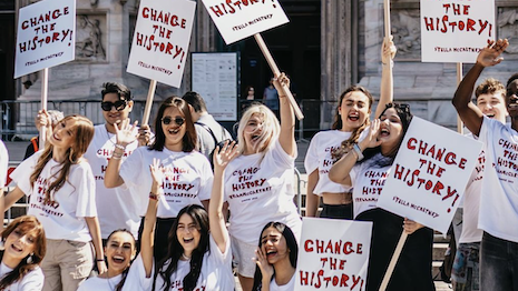 The brand ties the youth-led protests to its own activism, such as its use of plants, recycled materials and food waste in place of animal byproducts. Image credit: Stella McCartney