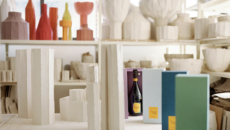 Ms. Paronetto used eco-materials to create giant sculptures of the bottles, such as hemp and responsibly-sourced wood fibers. Image courtesy of Veuve Clicquot