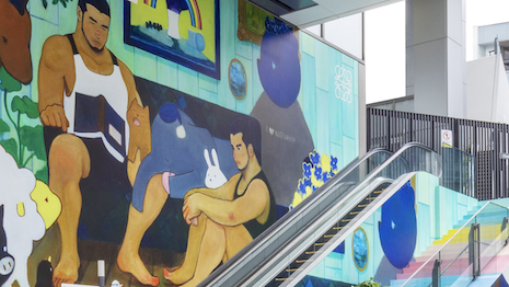 The painter added rainbow imagery to his climate change-themed work as the subject for the new mural, on display until May 28, 2023 in a city shopping center. Image credit: Loewe