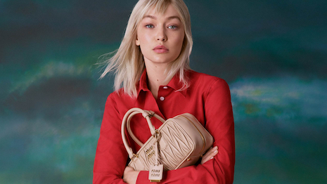 American model Gigi Hadid helps boost the Arcadie bag, now available in a matelassé leather fabrication. Image credit: Miu Miu