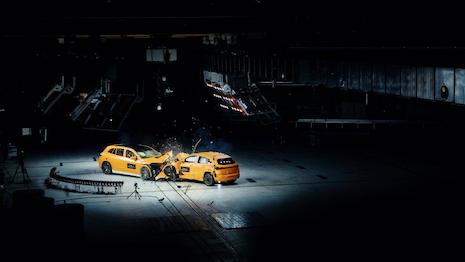 Mercedes-Benz’s latest marketing effort exhibits the world’s first publicly conducted frontal offset crash test between two fully electric vehicles. Image credit: Mercedes-Benz